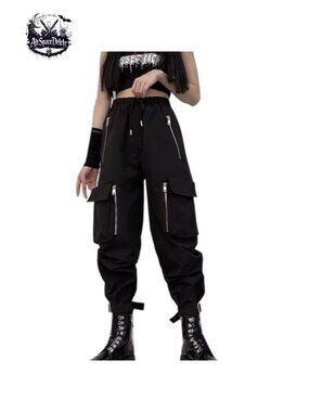 Women's Loose Wide-Leg Cargo Pants Multi-Pocket Multi-Zip Punk Goth
